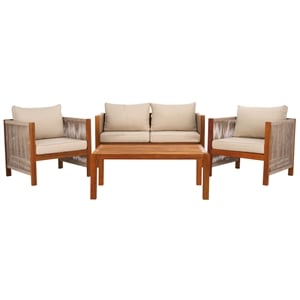 Pemberly Row Acacia Wood and Polyester Living Set in Natural / Taupe