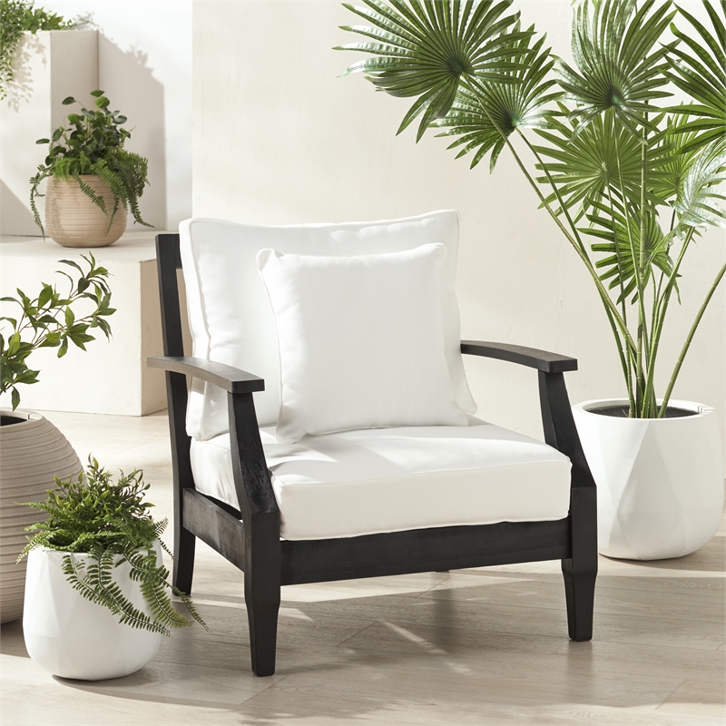 Pemberly Row Eucalyptus Wood Patio Armchair in Black / White with Cushion