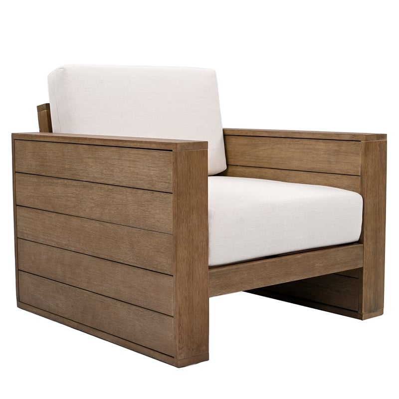 Pemberly Row Eucalyptus Wood Patio Chair with Cushion in Natural / Beige