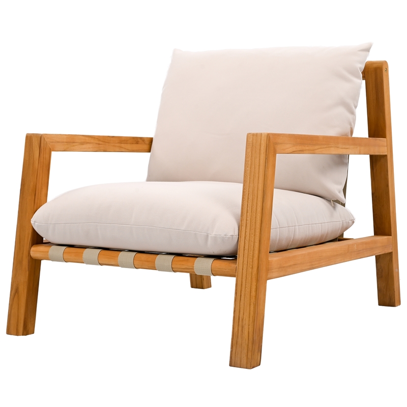 Pemberly Row Brazilian Teak Wood Patio Chair in Natural / White