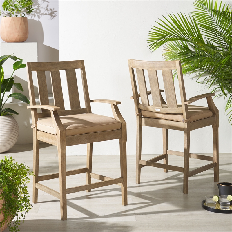 Pemberly Row Eucalyptus Wood Patio Counter Stools in Natural / Brown