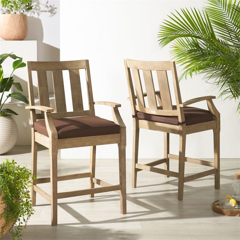Pemberly Row Eucalyptus Wood Patio Counter Stools in Natural / Brown