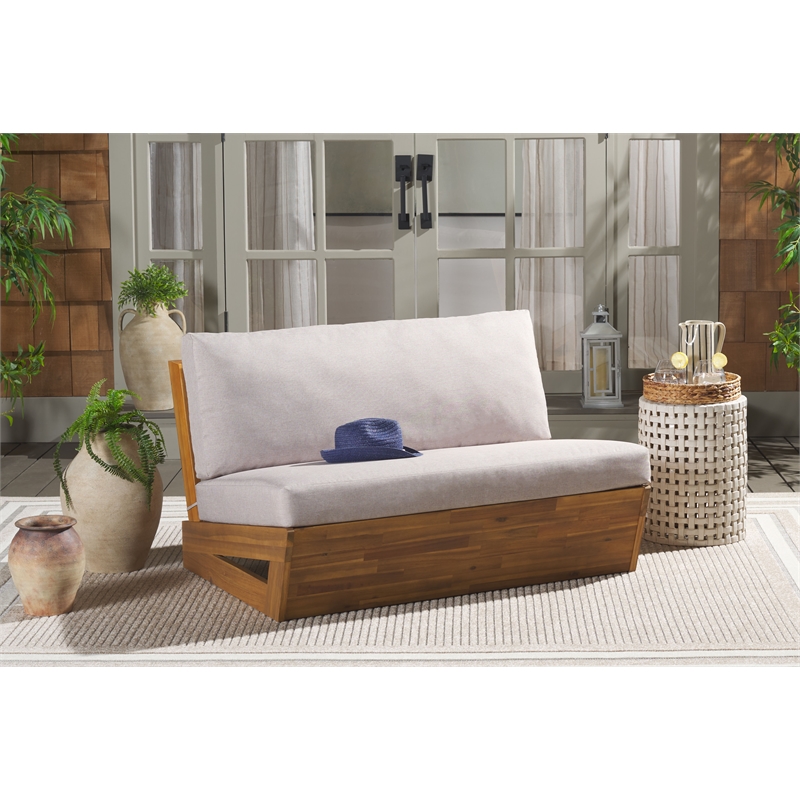 Pemberly Row Acacia Wood and Polyester Outdoor Sofa in Natural / Light Gray