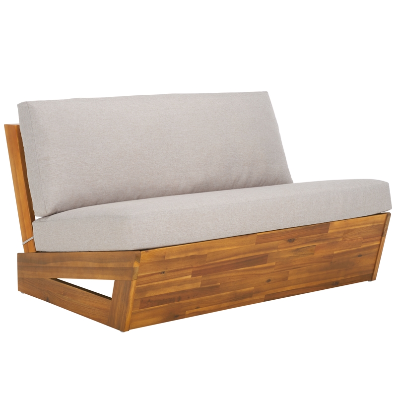 Pemberly Row Acacia Wood and Polyester Outdoor Sofa in Natural / Light Gray