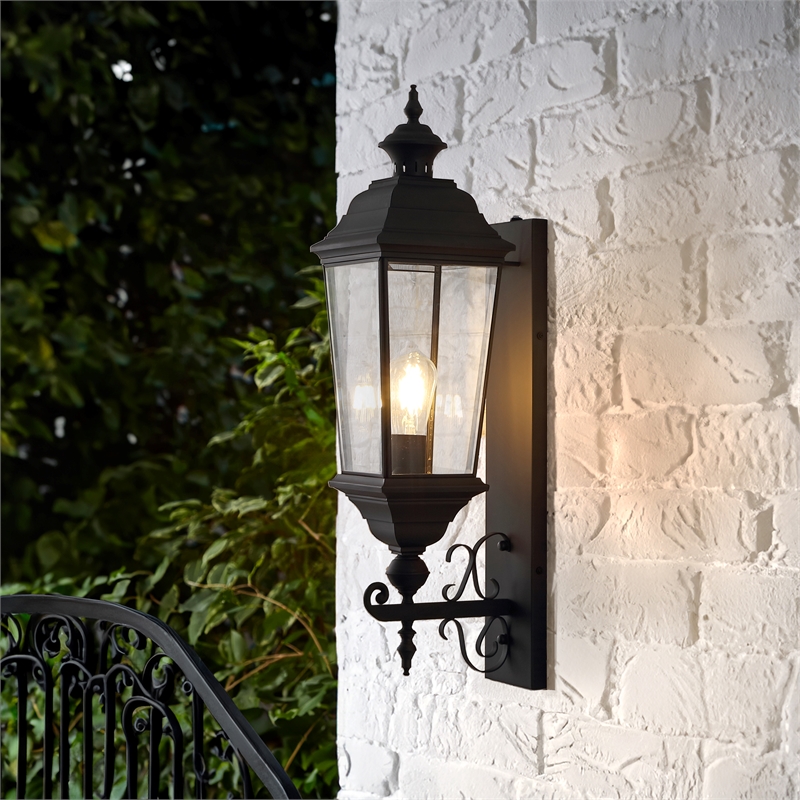 Pemberly Row Modern Metal and Glass Outdoor Wall Sconce in Black
