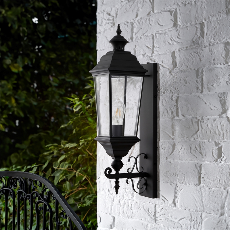 Pemberly Row Modern Metal and Glass Outdoor Wall Sconce in Black