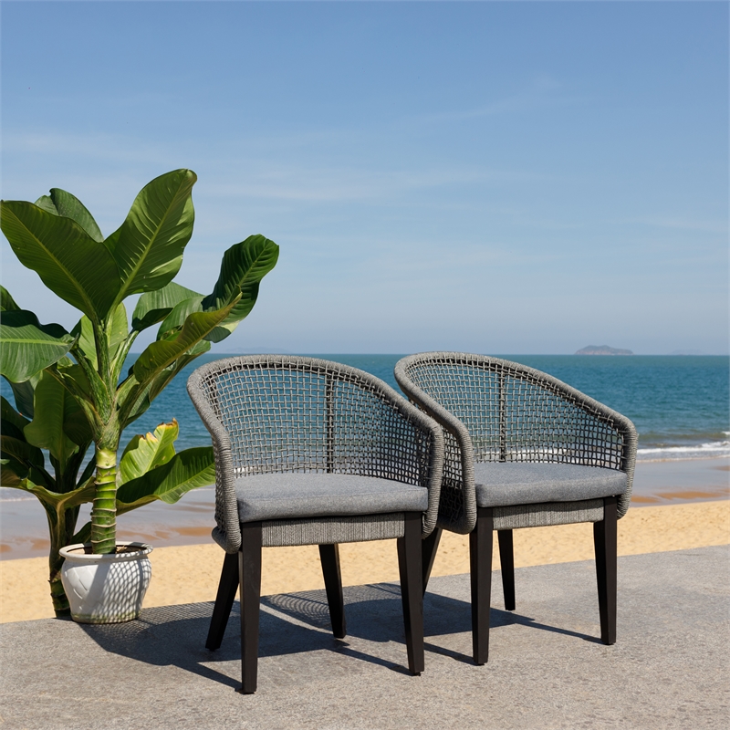 Pemberly Row Acacia Wood and Aluminum Rope Chair Set of 2 in Gray