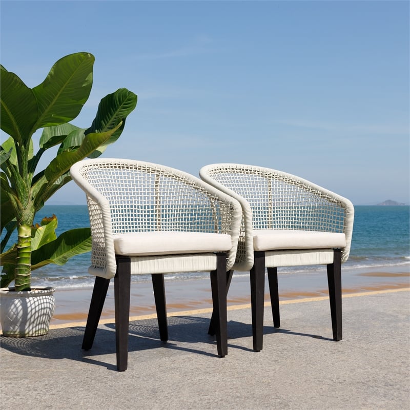 Pemberly Row Acacia Wood and Aluminum Rope Chair Set of 2 in Light Gray