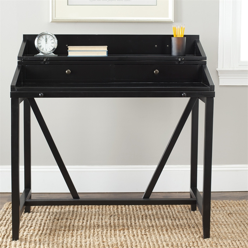 Pemberly Row Pine Wood Writing Desk in Black for Home Office or Study