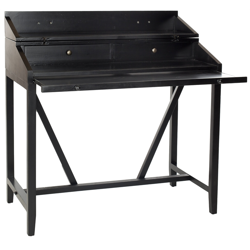 Pemberly Row Pine Wood Writing Desk in Black for Home Office or Study