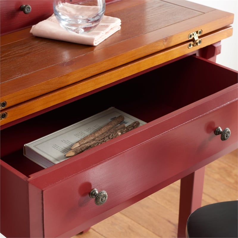 Pemberly Row Cherry Fold-Down Desk in Cherry and Oak for Home Office