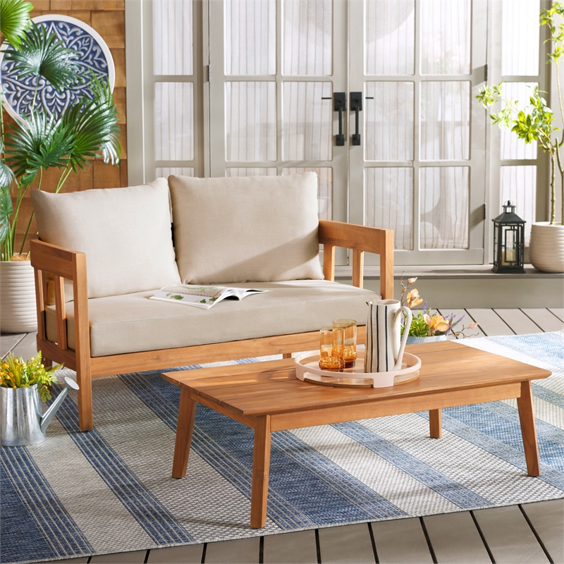 Pemberly Row Teak Wood and Polyester Outdoor Bench and Table in Natural / Taupe