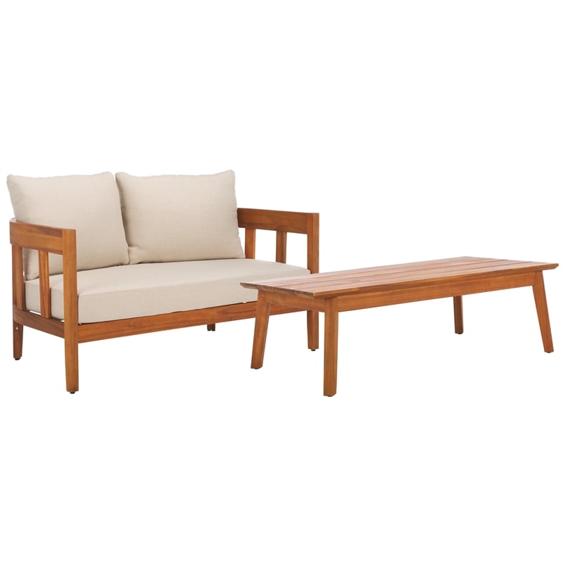 Pemberly Row Teak Wood and Polyester Outdoor Bench and Table in Natural / Taupe