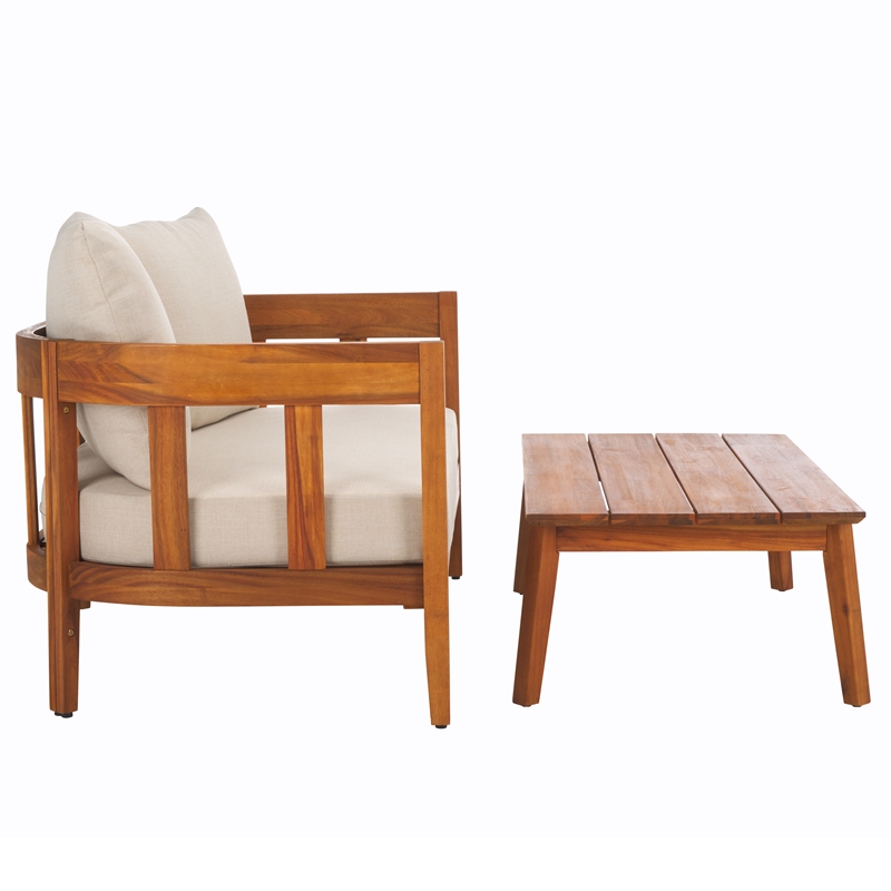 Pemberly Row Teak Wood and Polyester Outdoor Bench and Table in Natural / Taupe