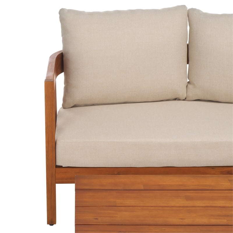 Pemberly Row Teak Wood and Polyester Outdoor Bench and Table in Natural / Taupe
