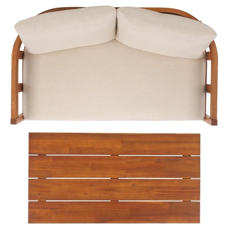 Pemberly Row Teak Wood and Polyester Outdoor Bench and Table in Natural / Taupe