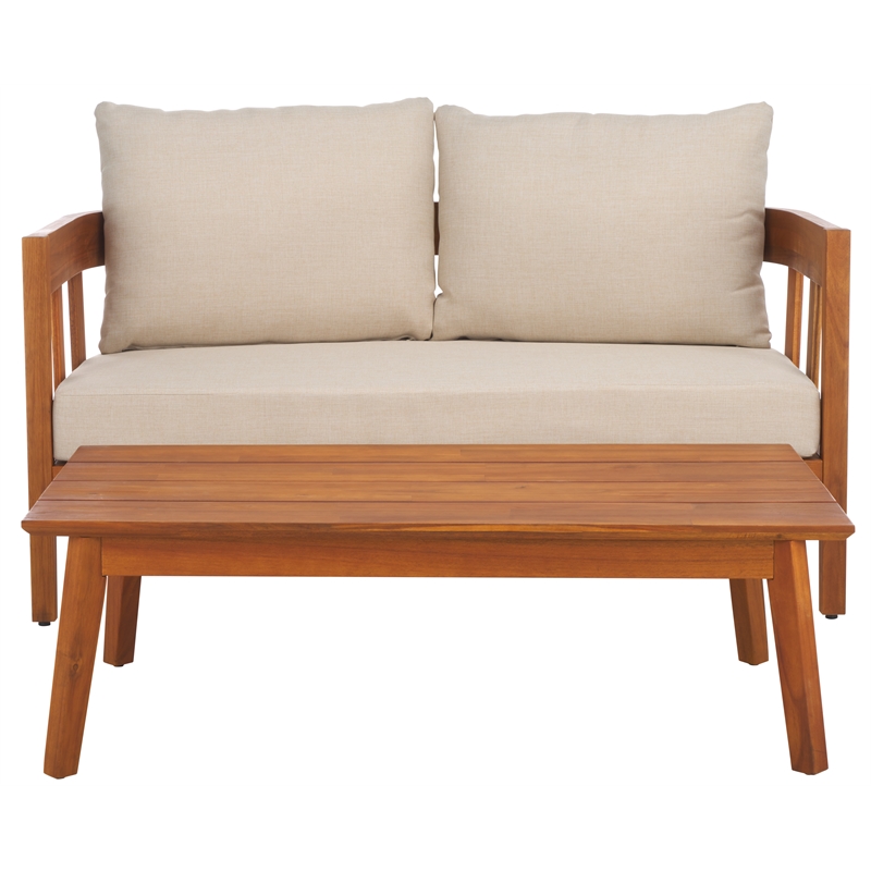 Pemberly Row Teak Wood and Polyester Outdoor Bench and Table in Natural / Taupe