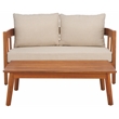 Pemberly Row Teak Wood and Polyester Outdoor Bench and Table in Natural / Taupe
