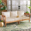 Pemberly Row Teak Wood and Polyester Sofa in Natural / Taupe for Patio