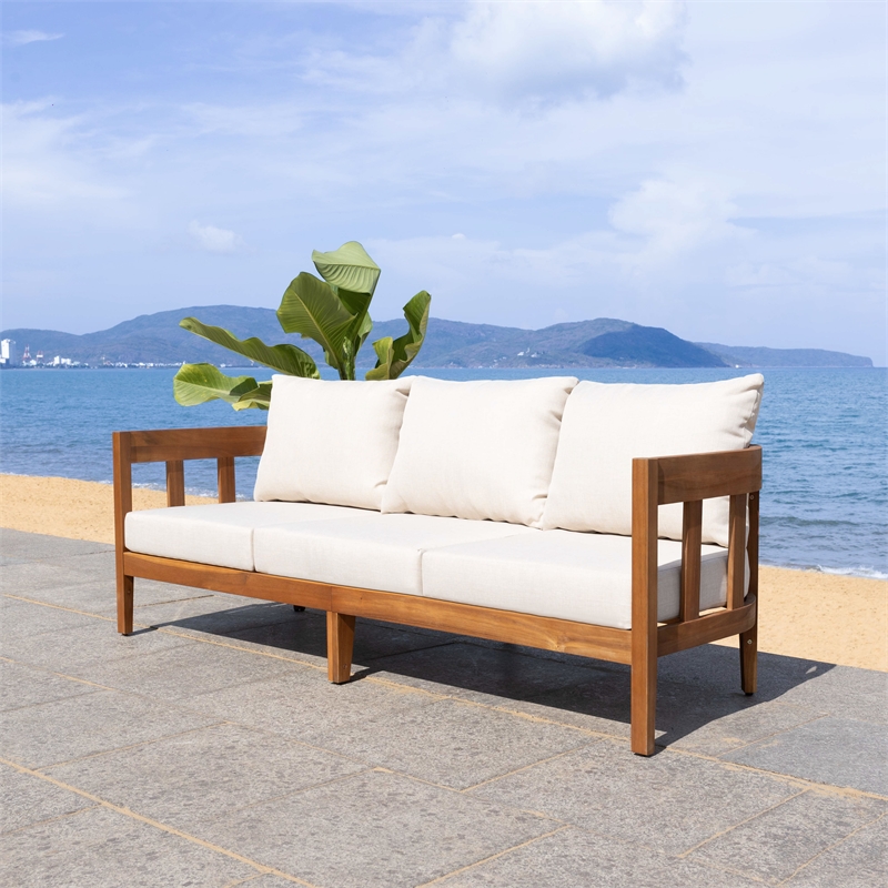Pemberly Row Teak Wood and Polyester Sofa in Natural / Taupe for Patio