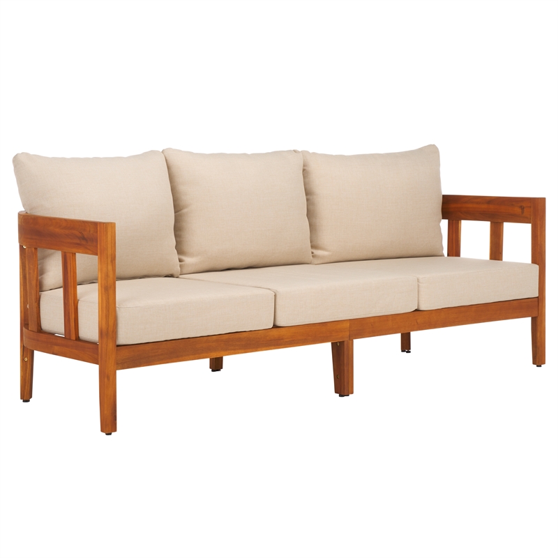 Pemberly Row Teak Wood and Polyester Sofa in Natural / Taupe for Patio