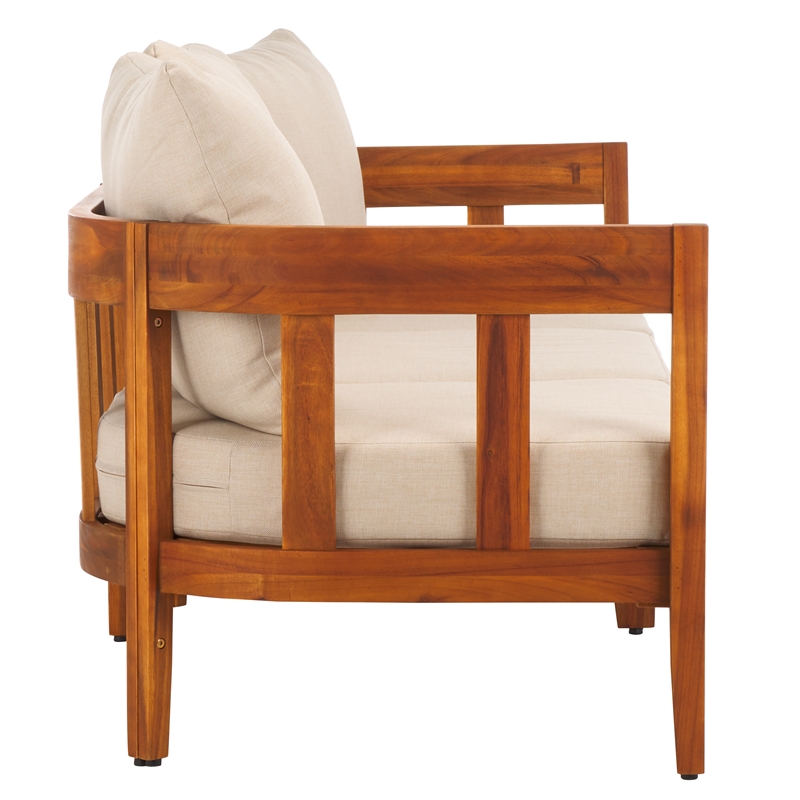 Pemberly Row Teak Wood and Polyester Sofa in Natural / Taupe for Patio