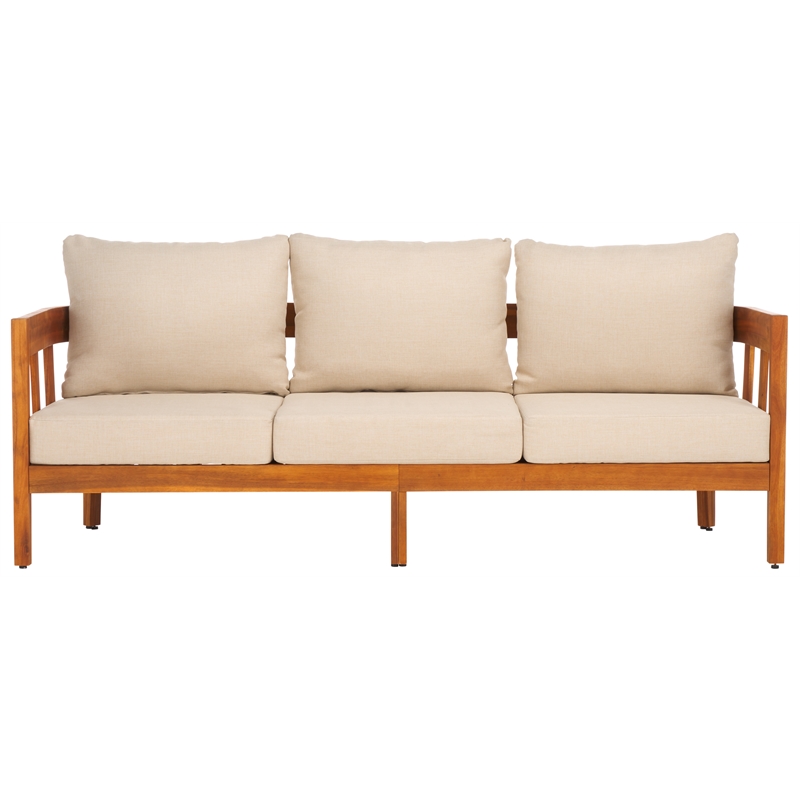 Pemberly Row Teak Wood and Polyester Sofa in Natural / Taupe for Patio