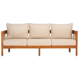 Pemberly Row Teak Wood and Polyester Sofa in Natural / Taupe for Patio