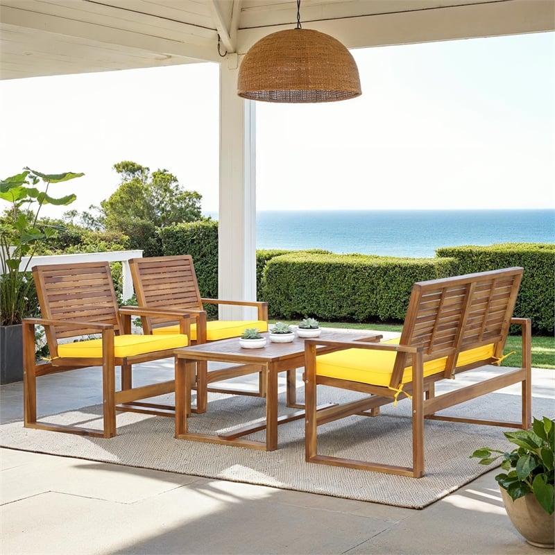 Pemberly Row Wood 4 Piece Set in Brown and Yellow for Patio or Garden