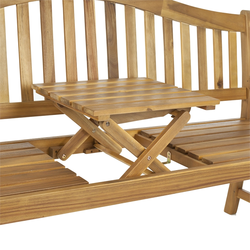 Pemberly Row Steel and Acacia Wood Bench in Teak Color for Patio