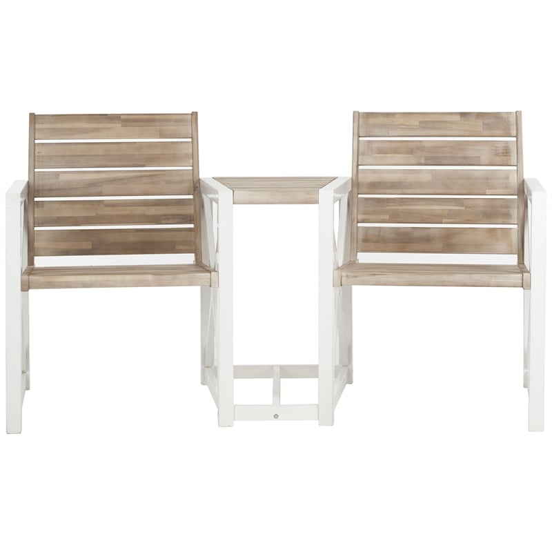 Pemberly Row Steel and Acacia Wood 2 Seat Bench in White and Oak