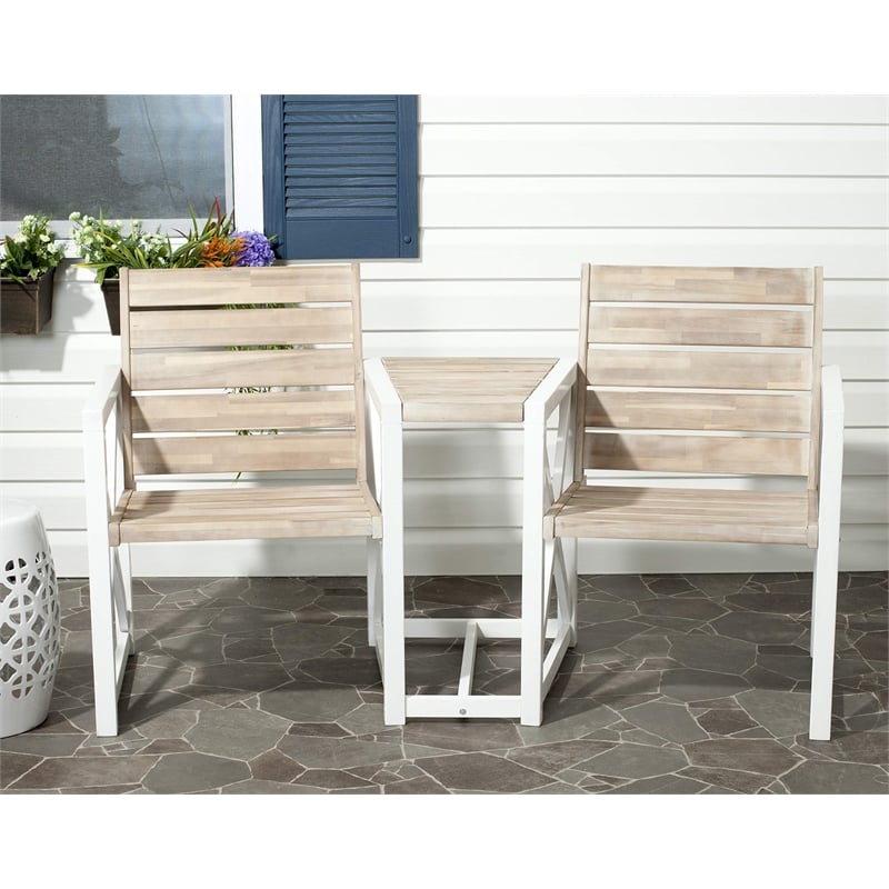 Pemberly Row Steel and Acacia Wood 2 Seat Bench in White and Oak