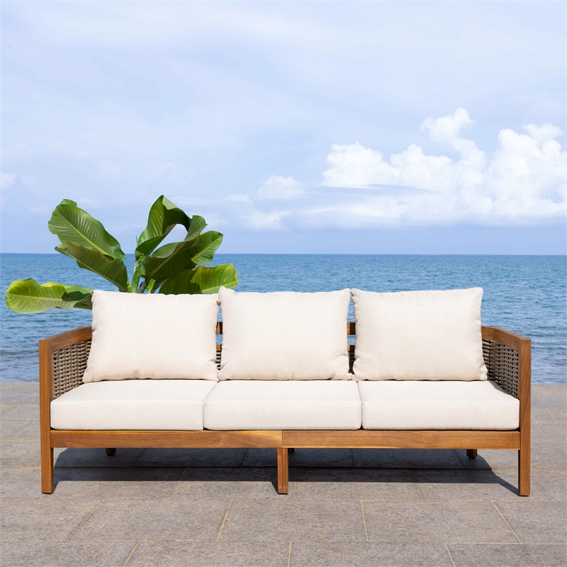 Pemberly Row Rattan and Polyester Sofa in Natural / Taupe for Patio