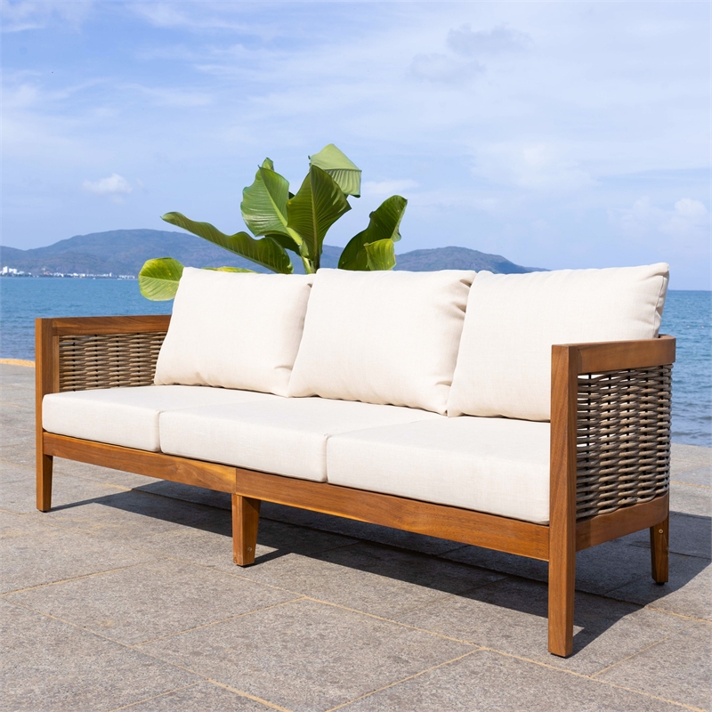 Pemberly Row Rattan and Polyester Sofa in Natural / Taupe for Patio