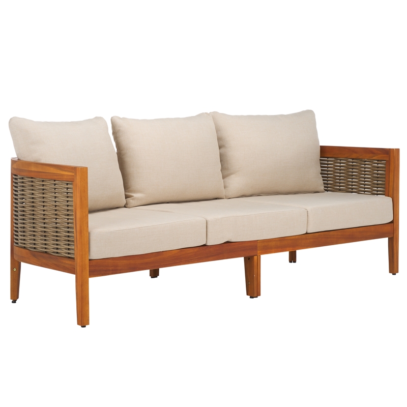 Pemberly Row Rattan and Polyester Sofa in Natural / Taupe for Patio