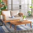 Pemberly Row Rattan and Polyester Outdoor Bench and Table in Natural / Taupe