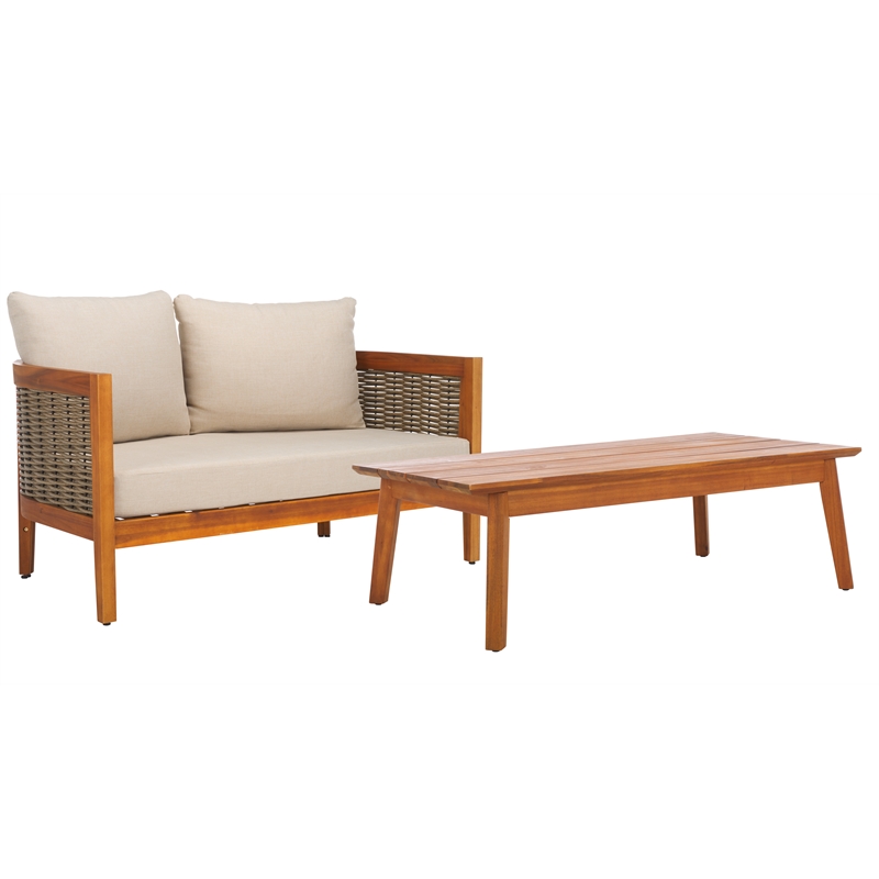 Pemberly Row Rattan and Polyester Outdoor Bench and Table in Natural / Taupe