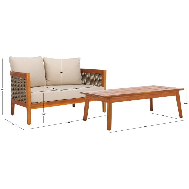 Pemberly Row Rattan and Polyester Outdoor Bench and Table in Natural / Taupe