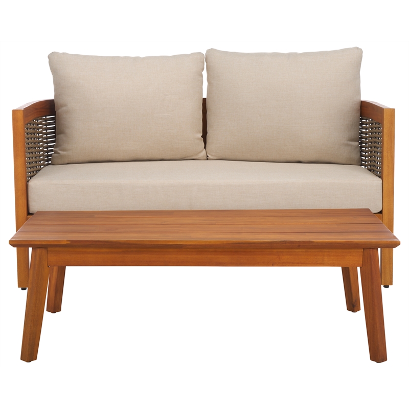 Pemberly Row Rattan and Polyester Outdoor Bench and Table in Natural / Taupe