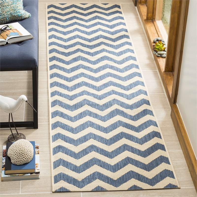 Pemberly Row Polypropylene Runner Rug in Blue and Beige for Hallway or Patio