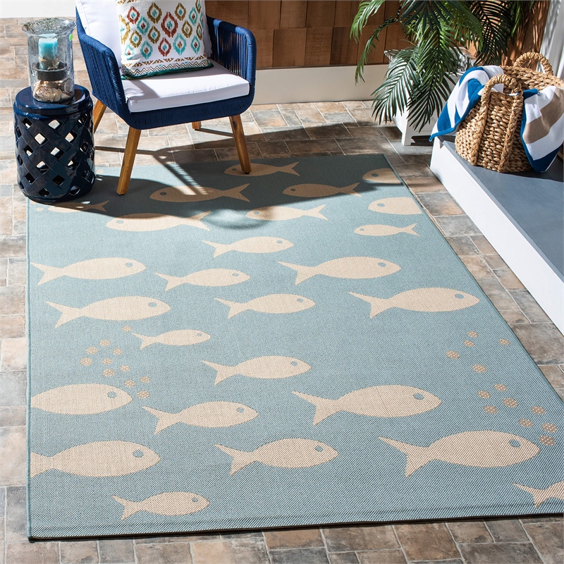 Pemberly Row Contemporary 8' x 11' Indoor Outdoor Area Rug in Aqua