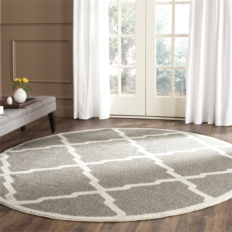 Pemberly Row Polypropylene Dark Grey Indoor Outdoor Rug - Round 7'