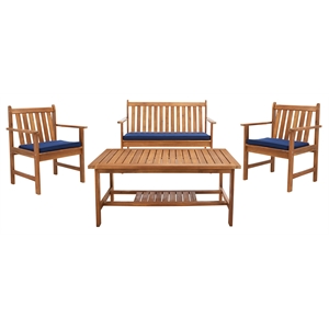 Pemberly Row Contemporary 4 Piece Patio Sofa Set in Teak Brown and Navy