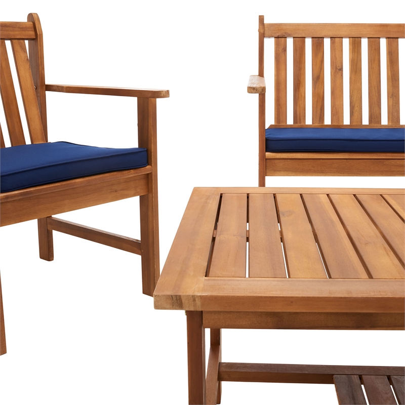 Pemberly Row Contemporary 4 Piece Patio Sofa Set in Teak Brown and Navy