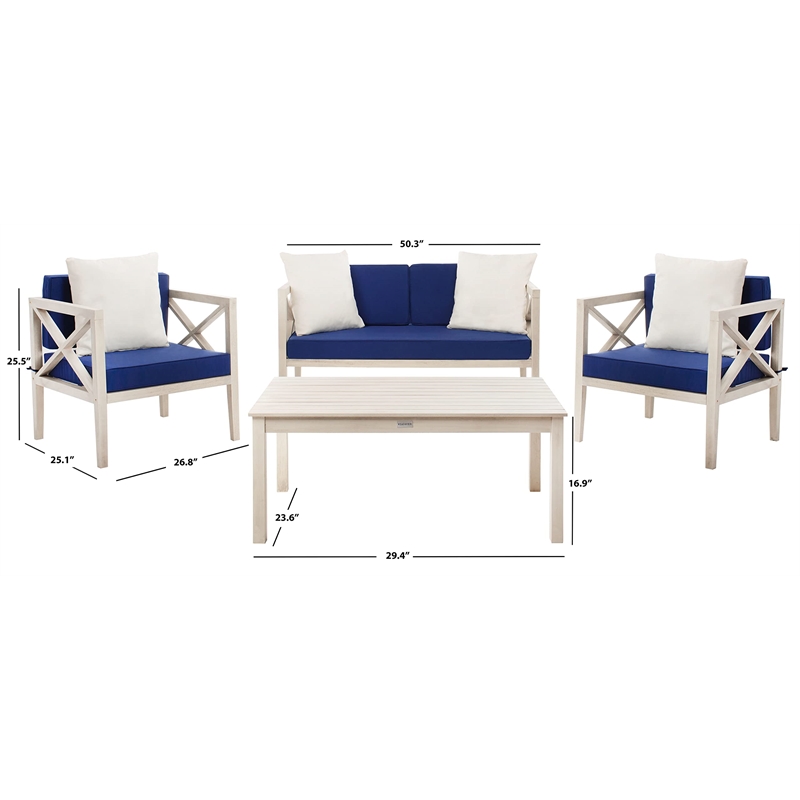 Pemberly Row Contemporary 4 Piece Patio Sofa Set in White and Navy
