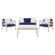 Pemberly Row Contemporary 4 Piece Patio Sofa Set in White and Navy