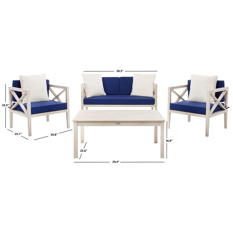 Pemberly Row Contemporary 4 Piece Patio Sofa Set in White and Navy