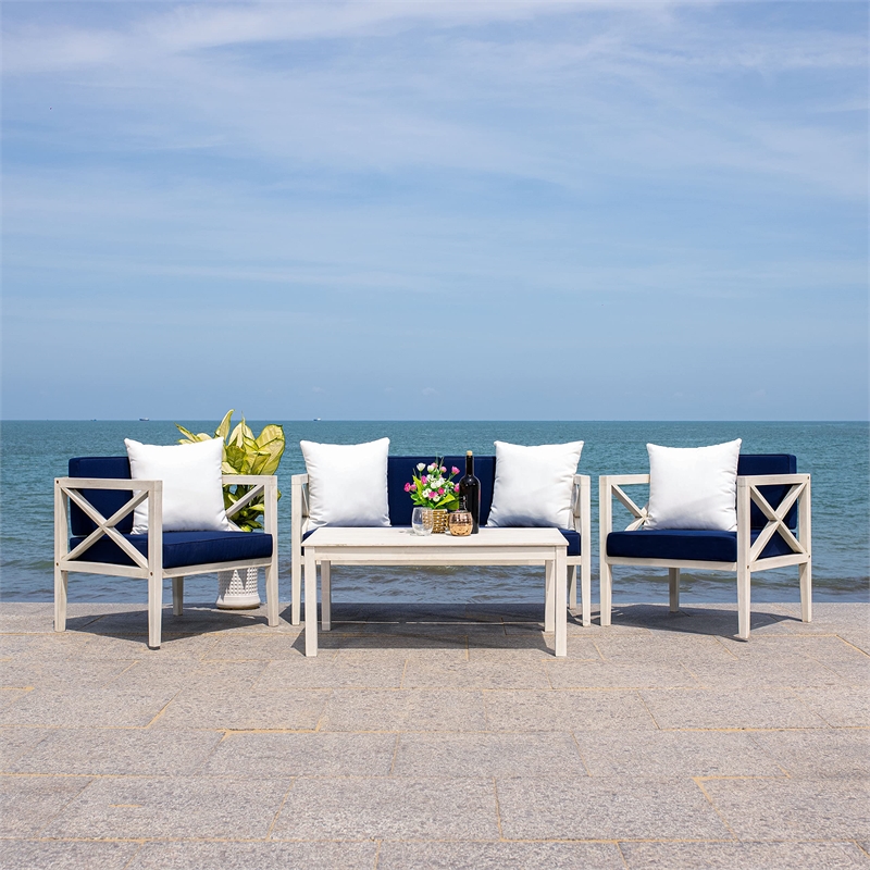 Pemberly Row Contemporary 4 Piece Patio Sofa Set in White and Navy