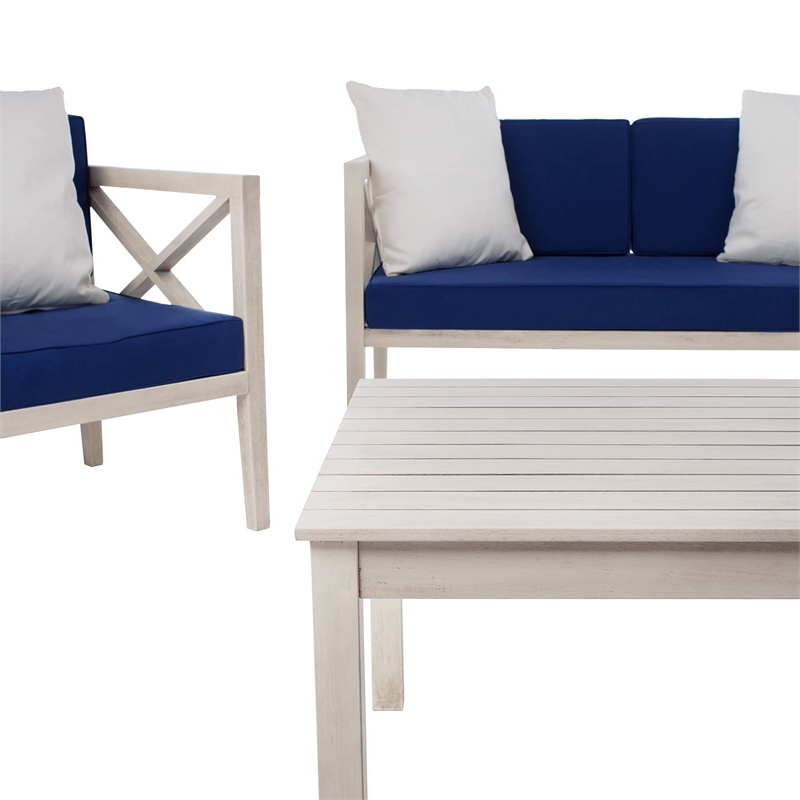 Pemberly Row Contemporary 4 Piece Patio Sofa Set in White and Navy