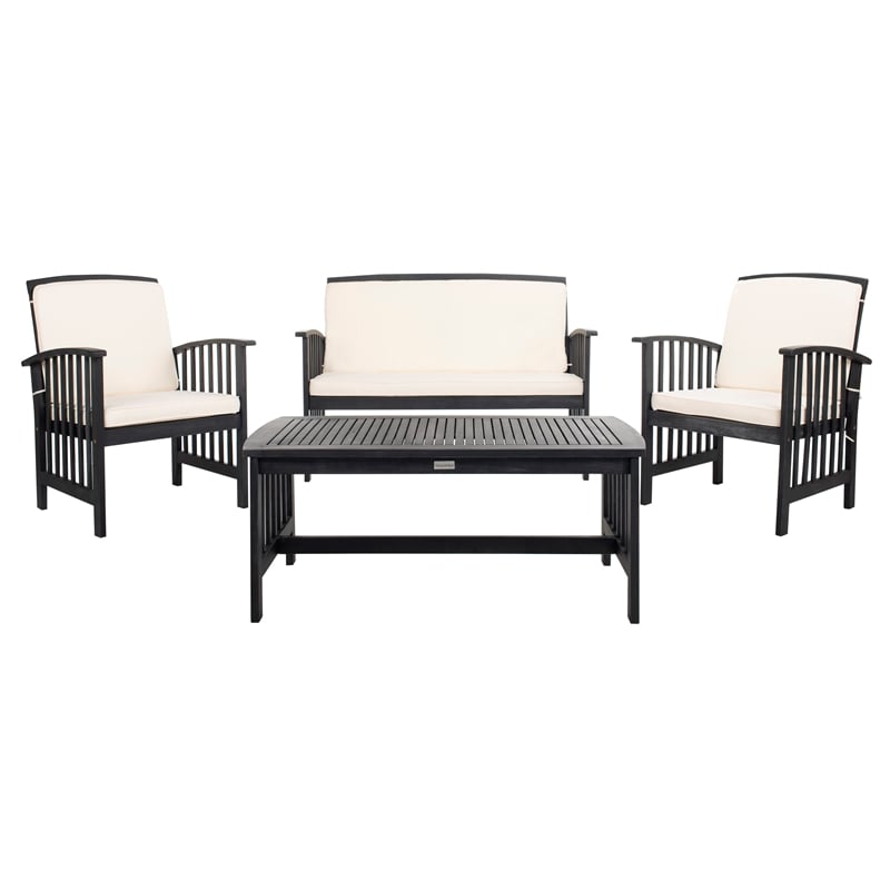 Pemberly Row Transitional Wood 4Pc Outdoor Set in Black / Beige